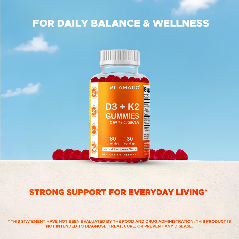 Vitamatic packaging highlighting plant-based, non-GMO formula.