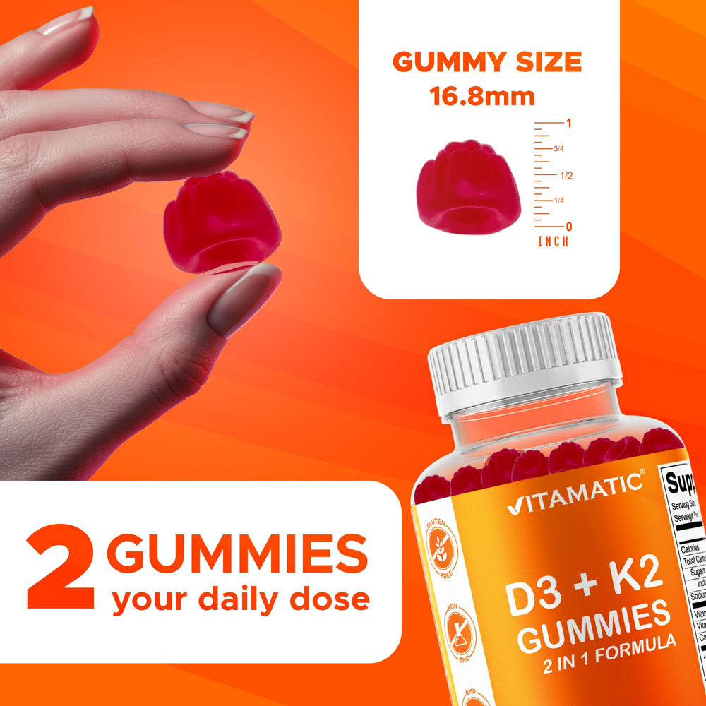 Vitamatic gummies close-up showing raspberry flavor and easy daily nutrient support.