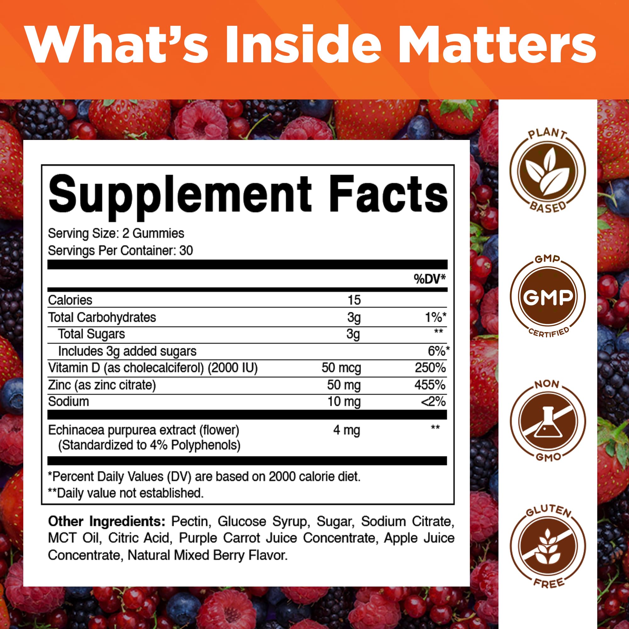 Vitamatic Zinc gummies bottle back highlighting vegan and gluten-free formula