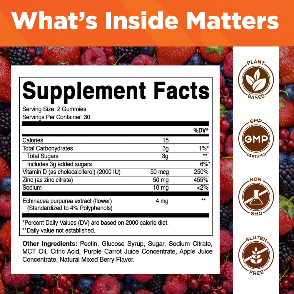 Vitamatic Zinc gummies bottle back highlighting vegan and gluten-free formula