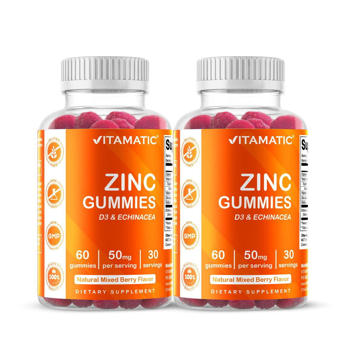 Vitamatic Zinc 50mg Gummies bottle front with berry flavor for daily wellness