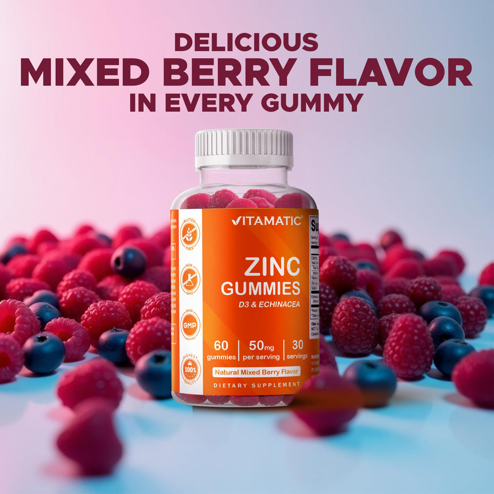 Serving scoop beside Vitamatic gummies for easy daily dosage