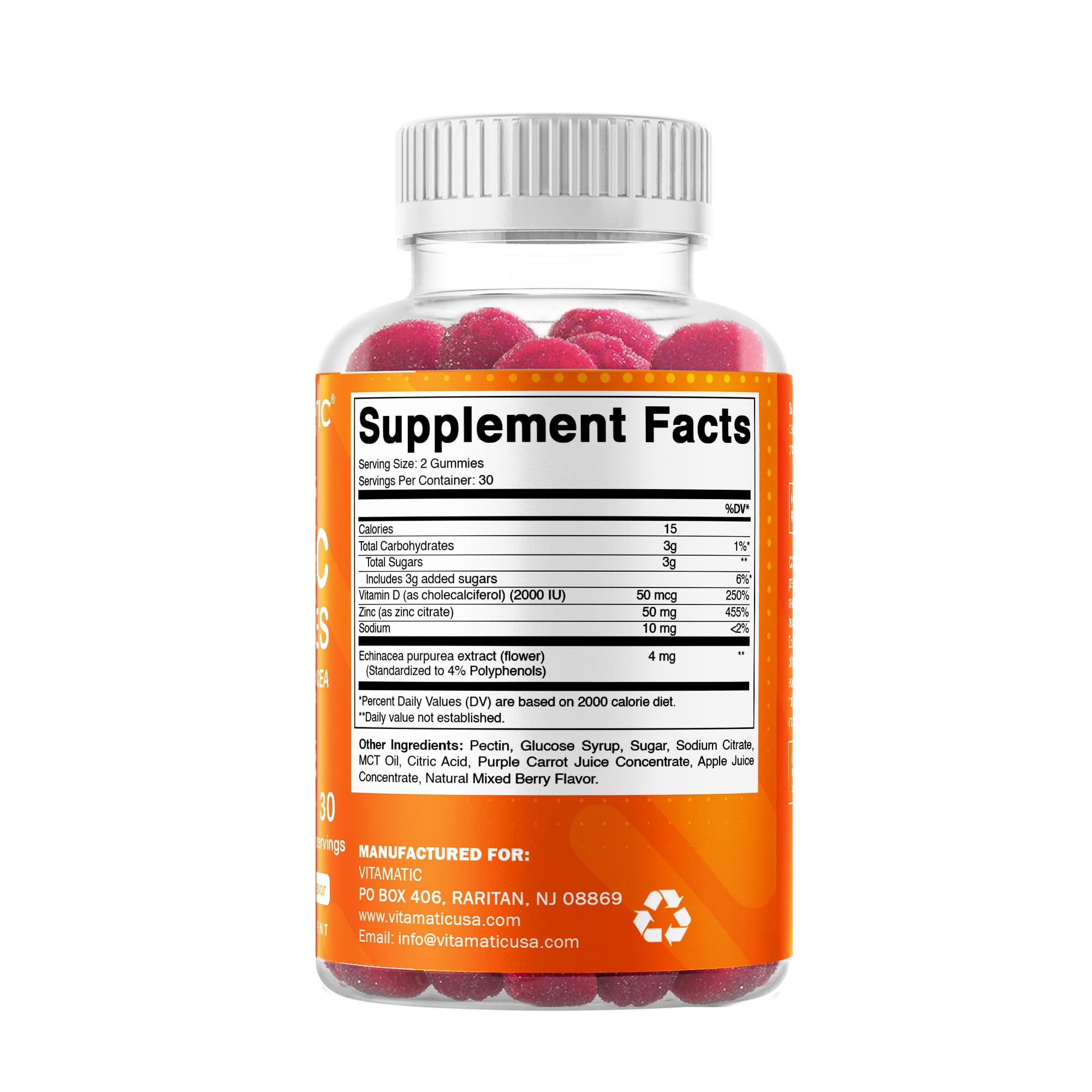 Vitamatic Zinc gummies on glass surface emphasize allergy-friendly formula