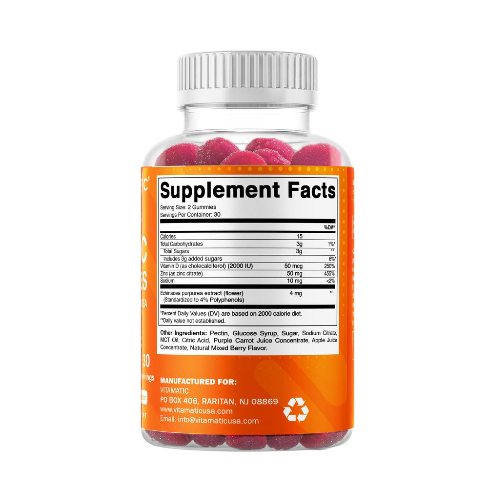 Vitamatic Zinc gummies on glass surface emphasize allergy-friendly formula