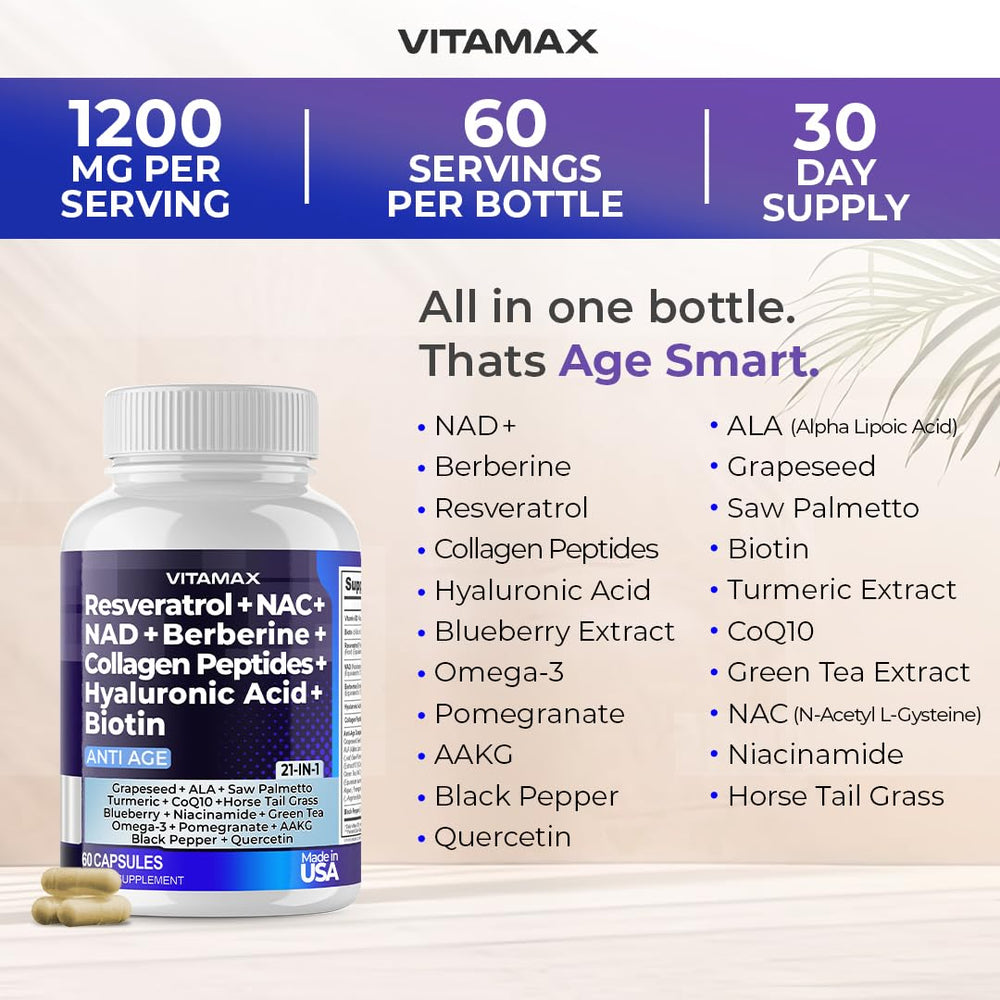 Vitamax age-smart capsules closeup for easy daily supplementation.