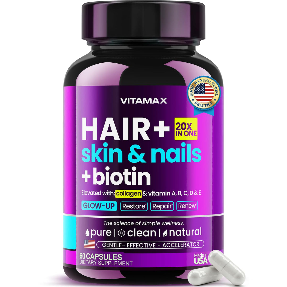 Vitamax bottle showing Biotin-Collagen-Keratin formula for hair and skin benefits
