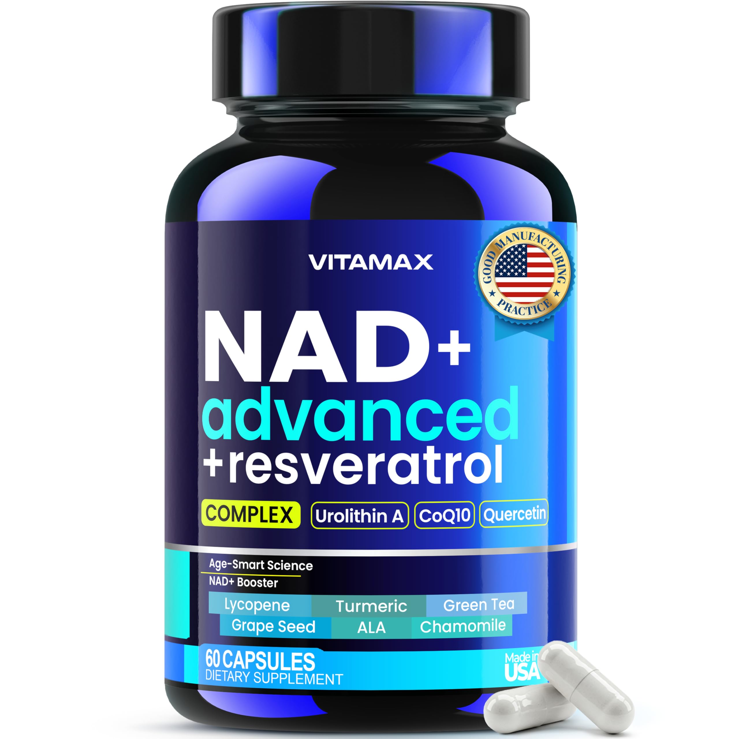 Vitamax liposomal NAD+ extra-strength bottle for potential energy support.