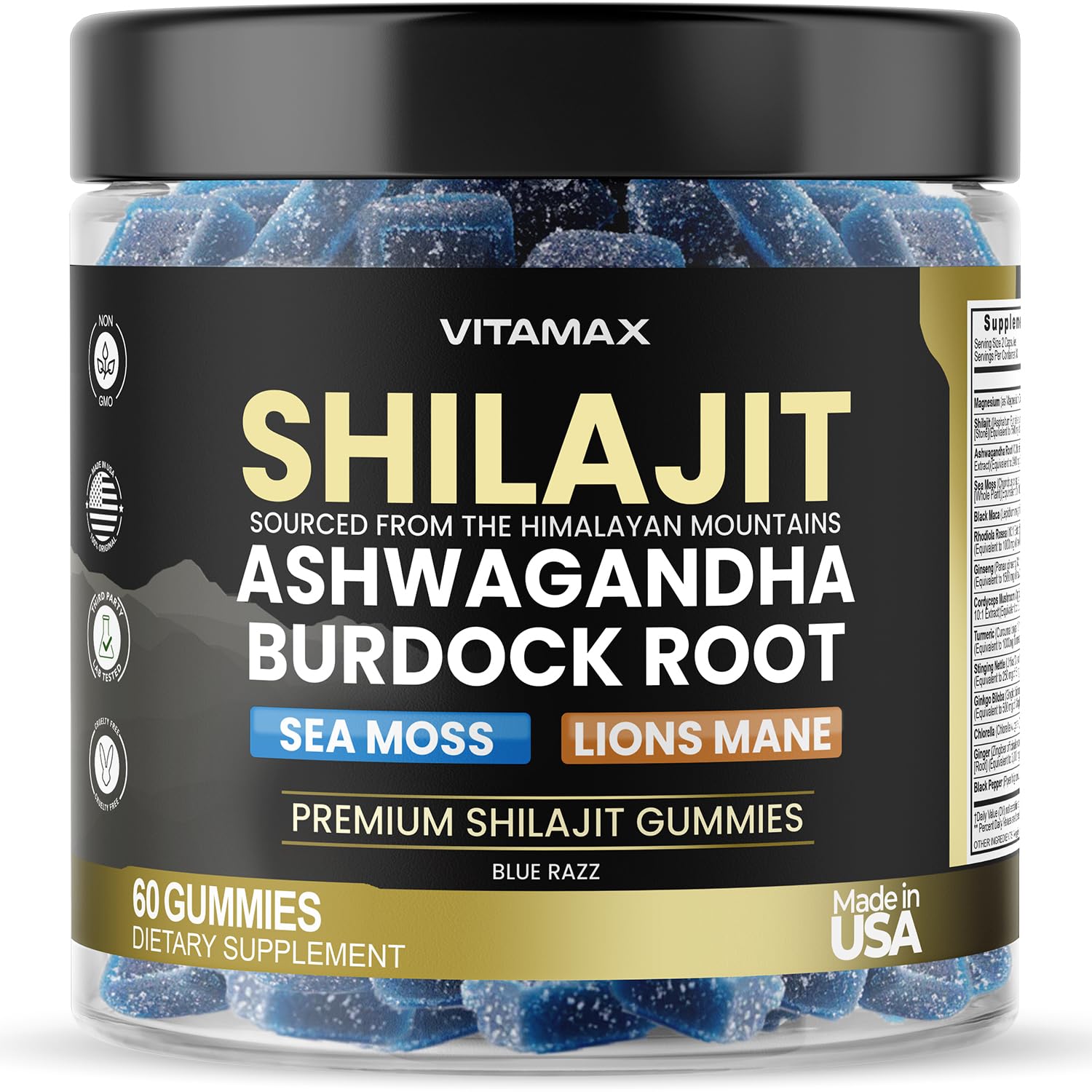 Vitamax Pure Shilajit Gummies in a blue razz bottle for convenient daily energy