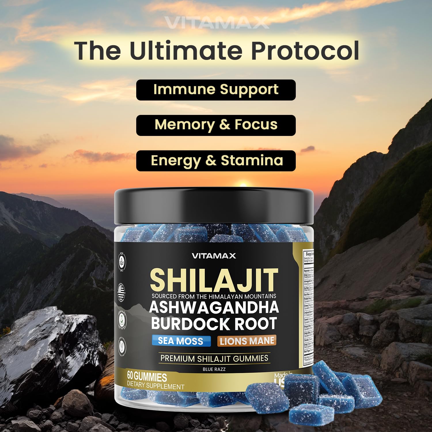 Close-up of Vitamax Shilajit Gummies with chewy texture and blue razz flavor