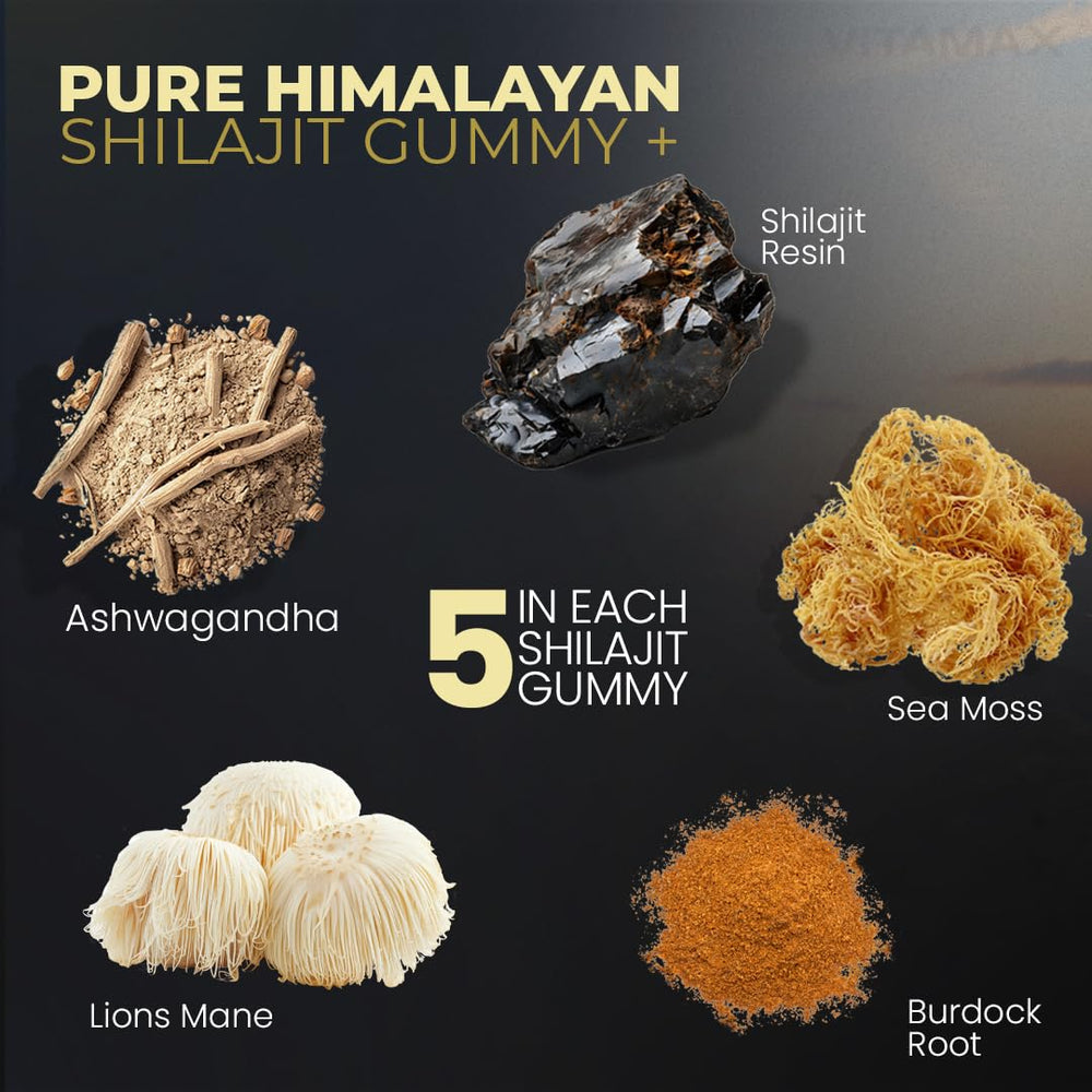 Ingredients panel showing sea moss, ashwagandha, and lions mane