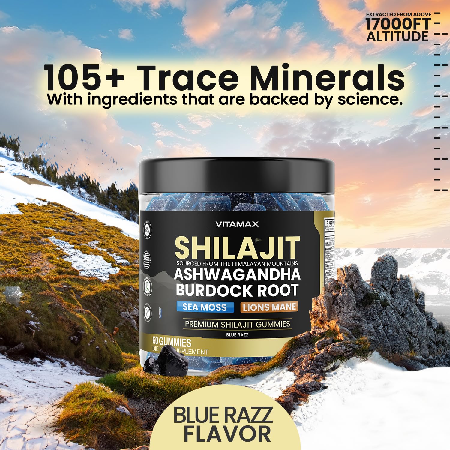Vitamax label highlighting 105+ minerals and vegan formula