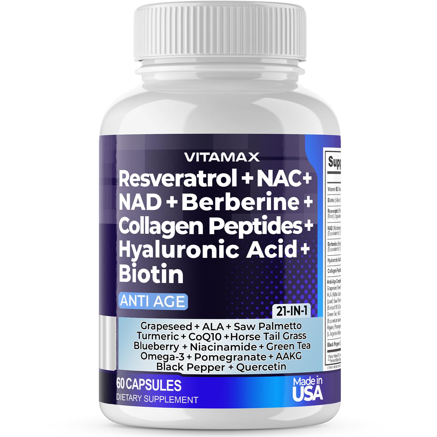 Vitamax resveratrol NAD+ berberine hyaluronic acid bottle with capsules for daily wellness.