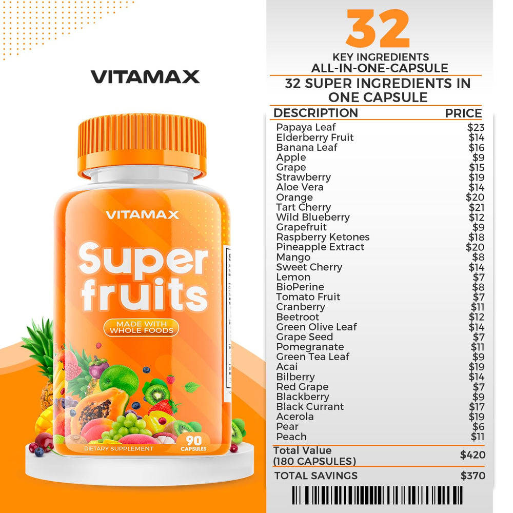 Sustainably farmed fruits and vegetables powering Vitamax formula.
