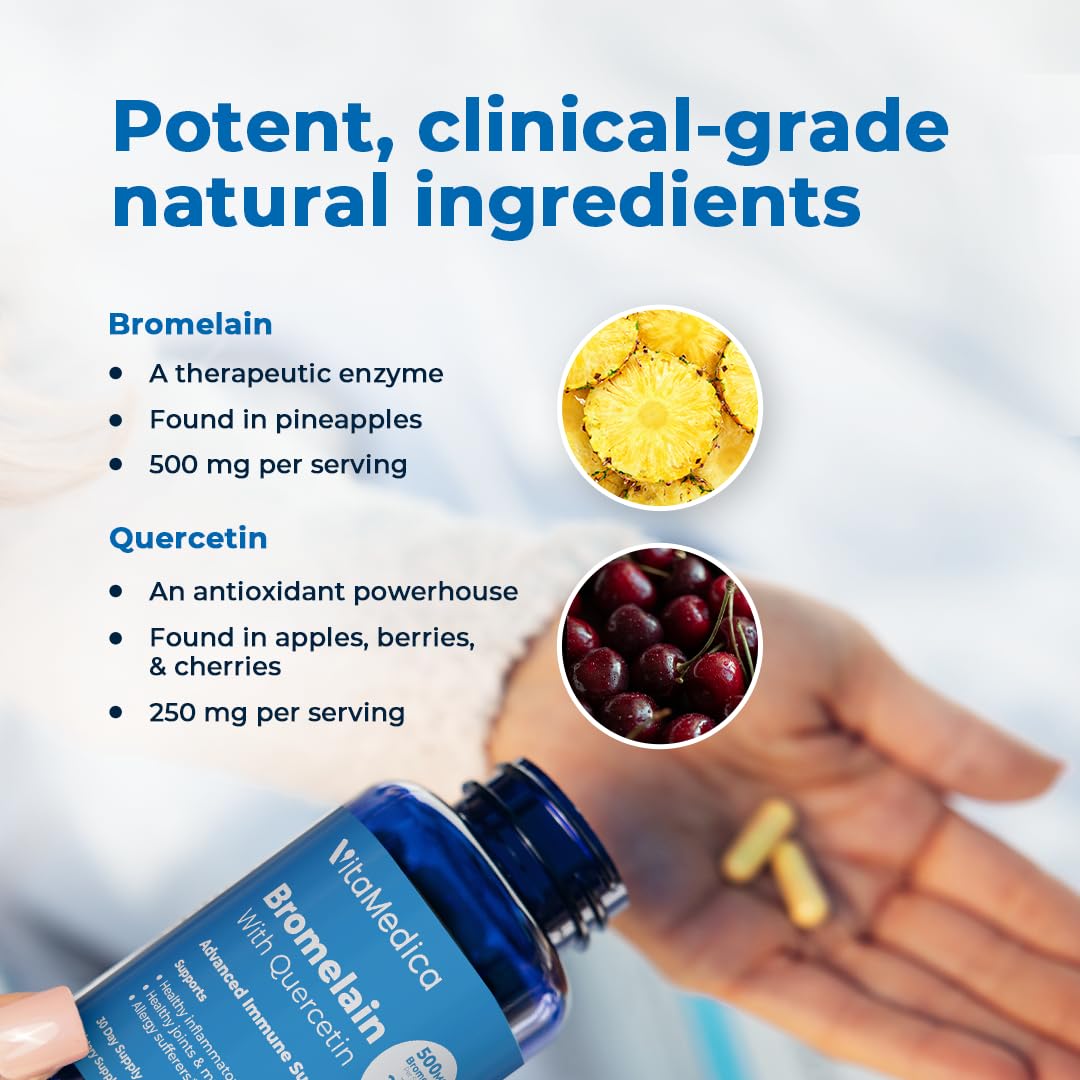 Product label close-up showing high-potency bromelain and quercetin