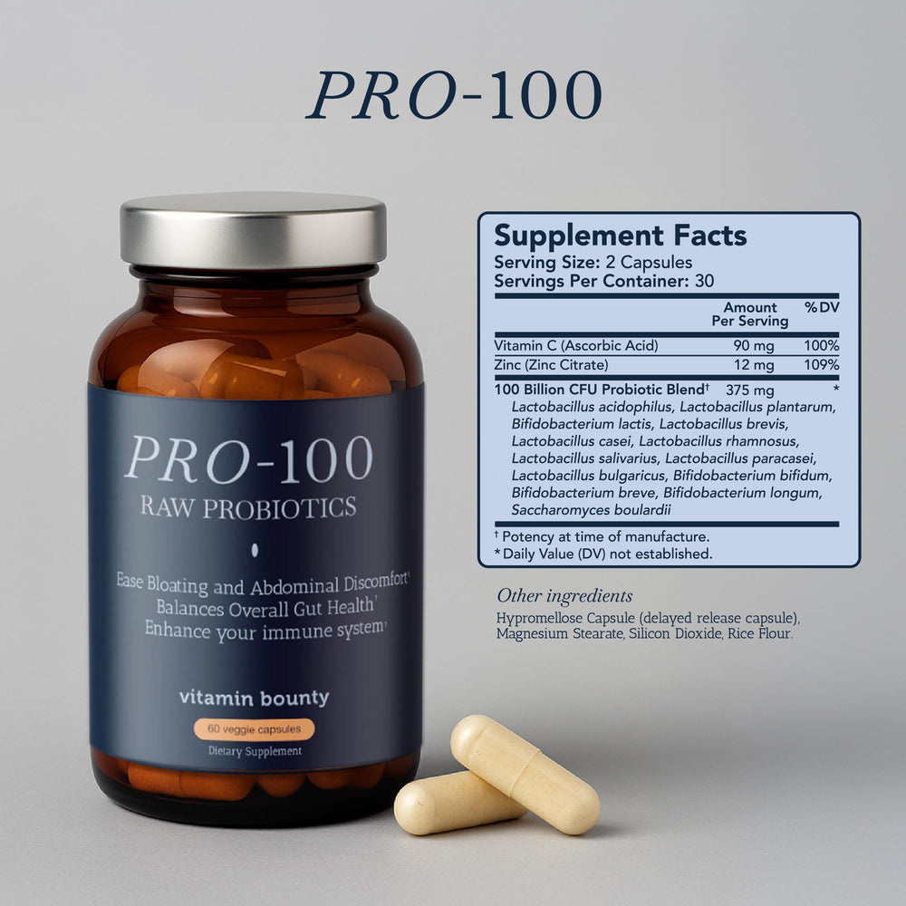 Vitamin Bounty Pro-100 capsules in blister packaging for convenient daily use