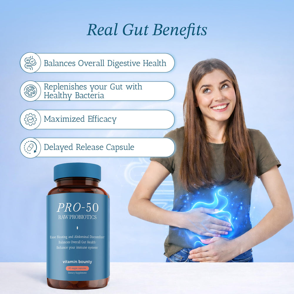 Graphic showing Vitamin Bounty Pro-50 supporting gut health and digestion.