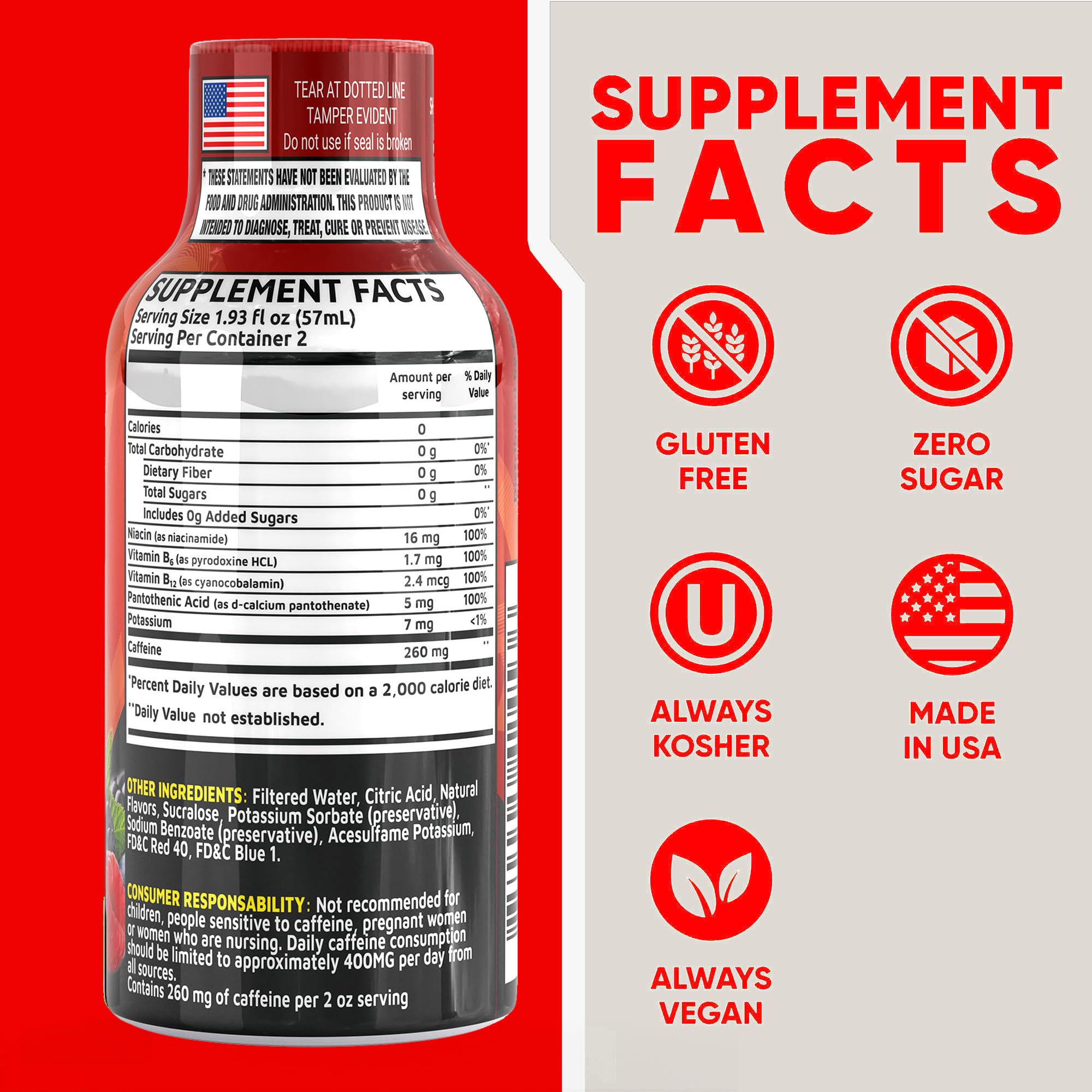 Vitamin Energy shot highlights 260mg caffeine and B vitamins for alertness