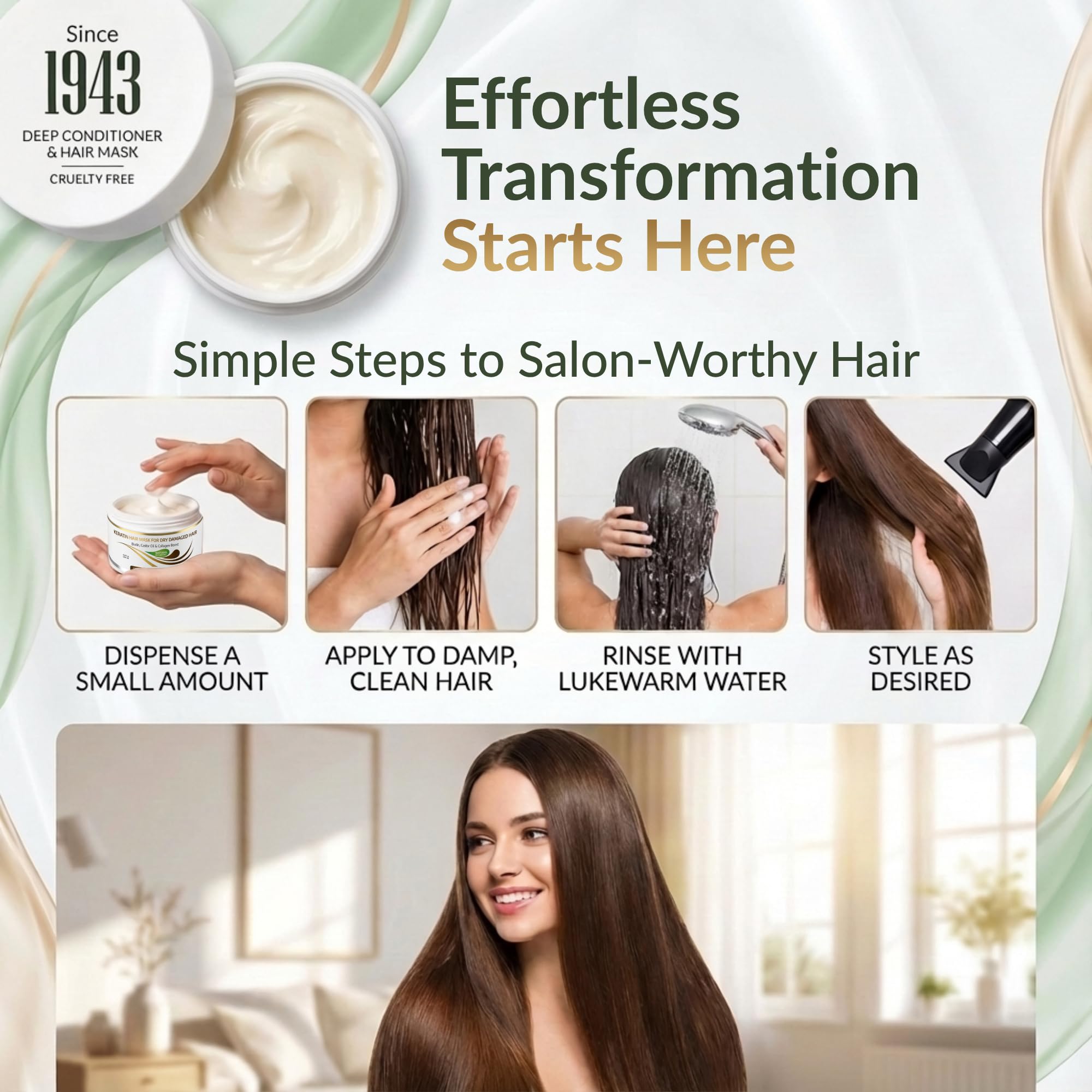 VITAMINS Hair Cosmetics Keratin Hair Mask application hands demonstrates easy at-home use.