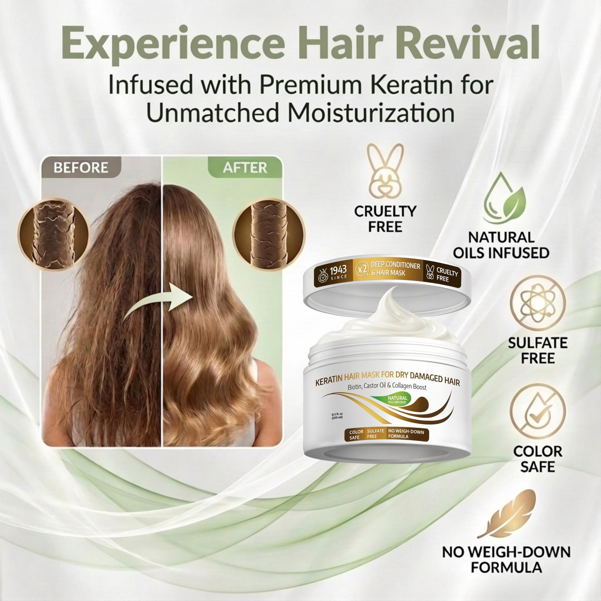 VITAMINS Hair Cosmetics Keratin Hair Mask bottle highlights premium conditioning for frizz-prone hair.