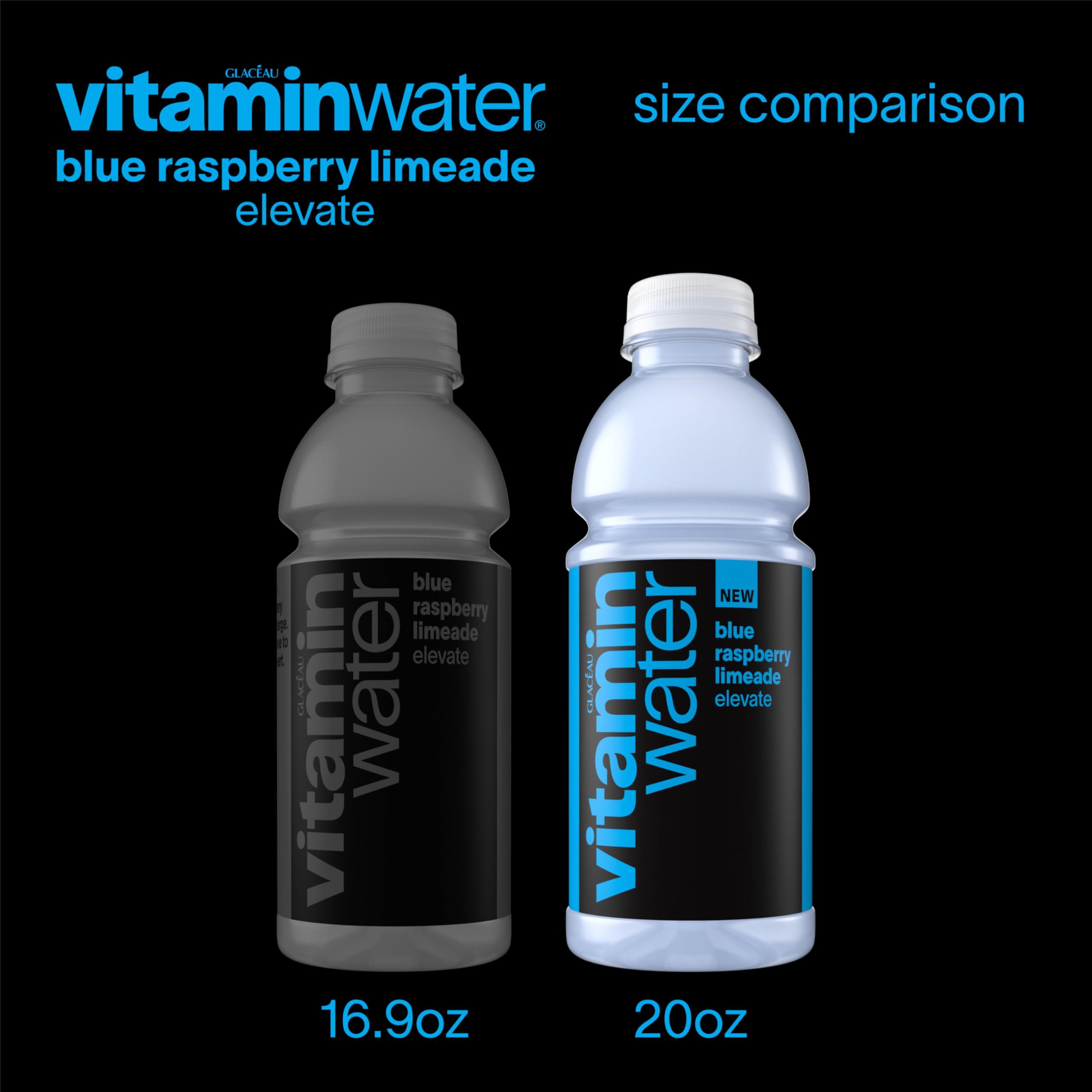 Vitaminwater Elevate blue raspberry limeade 12-pack packaging shows convenient ready-to-drink option