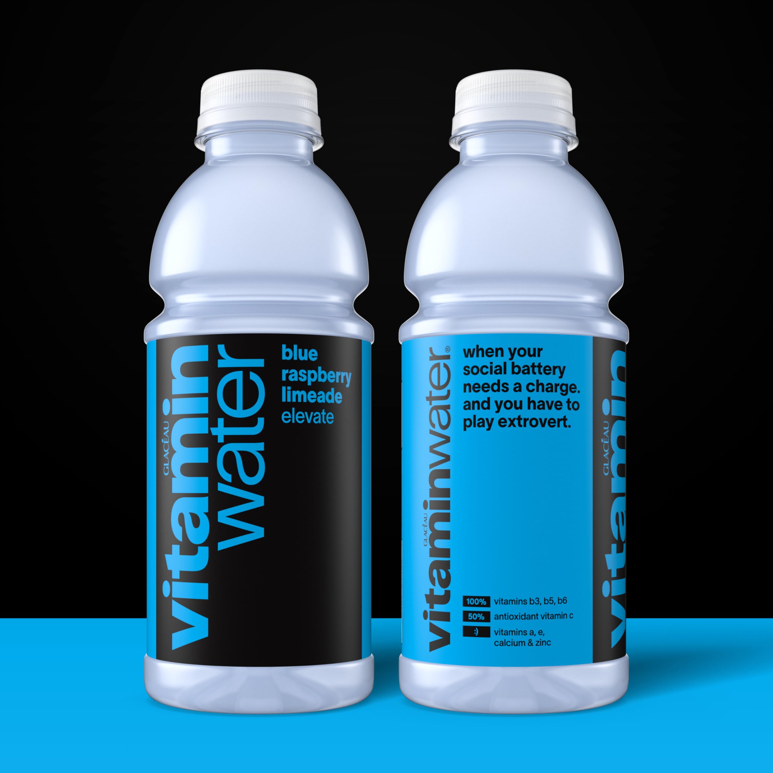 Vitaminwater Elevate blue raspberry limeade pour showcases refreshing flavor and essential nutrients