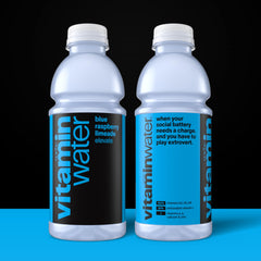 Vitaminwater Elevate blue raspberry limeade pour showcases refreshing flavor and essential nutrients