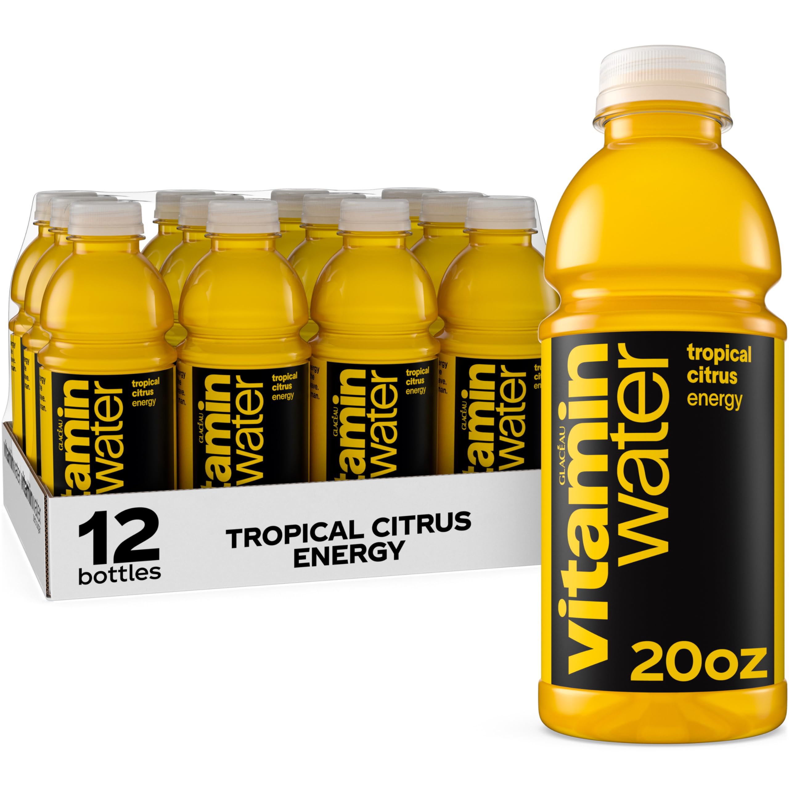 Vitaminwater Energy Tropical Citrus bottle close-up for on-the-go refreshment.