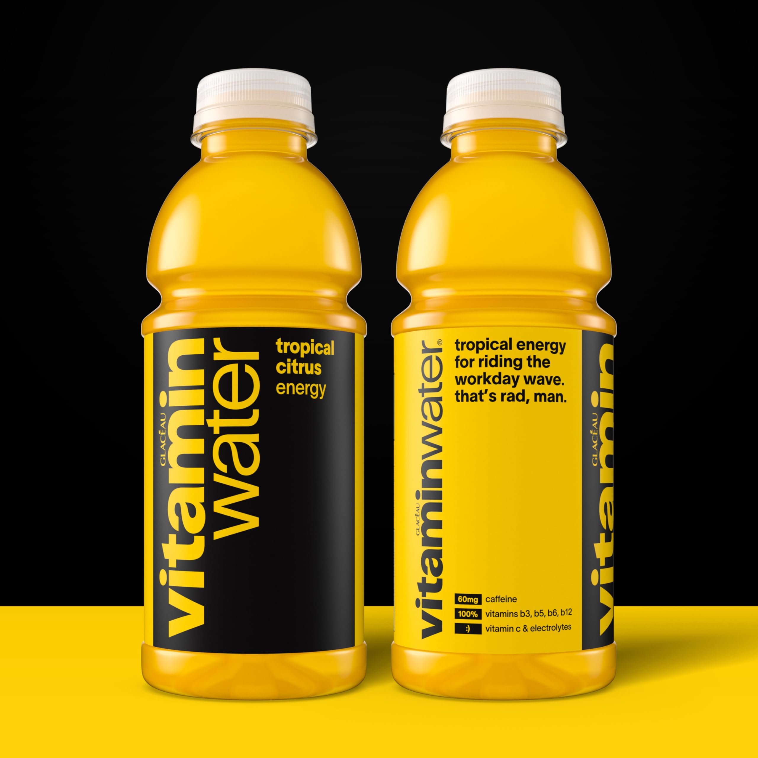 Vitaminwater Energy Tropical Citrus label close-up highlights vitamin blend for daily energy.