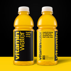 Vitaminwater Energy Tropical Citrus label close-up highlights vitamin blend for daily energy.