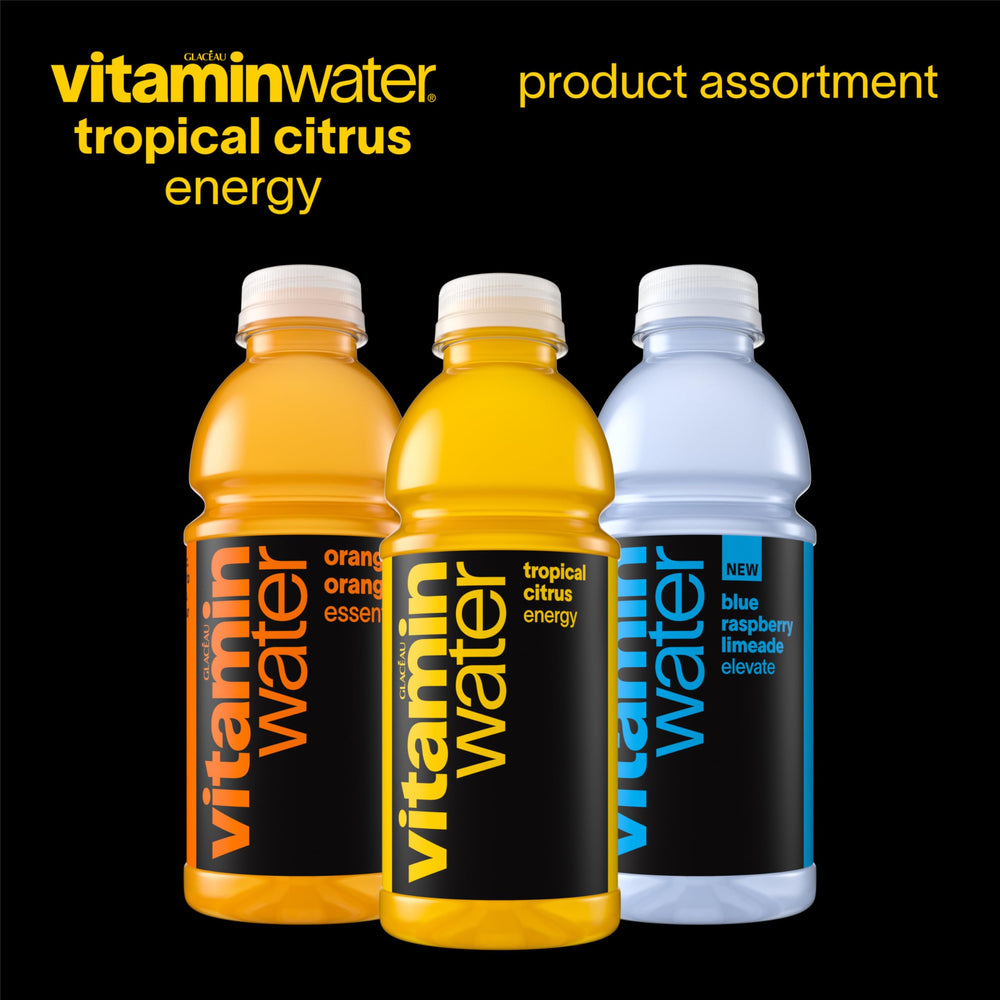Vitaminwater Energy Tropical Citrus 12-pack packaging on shelf invites easy grab-and-go refreshment.