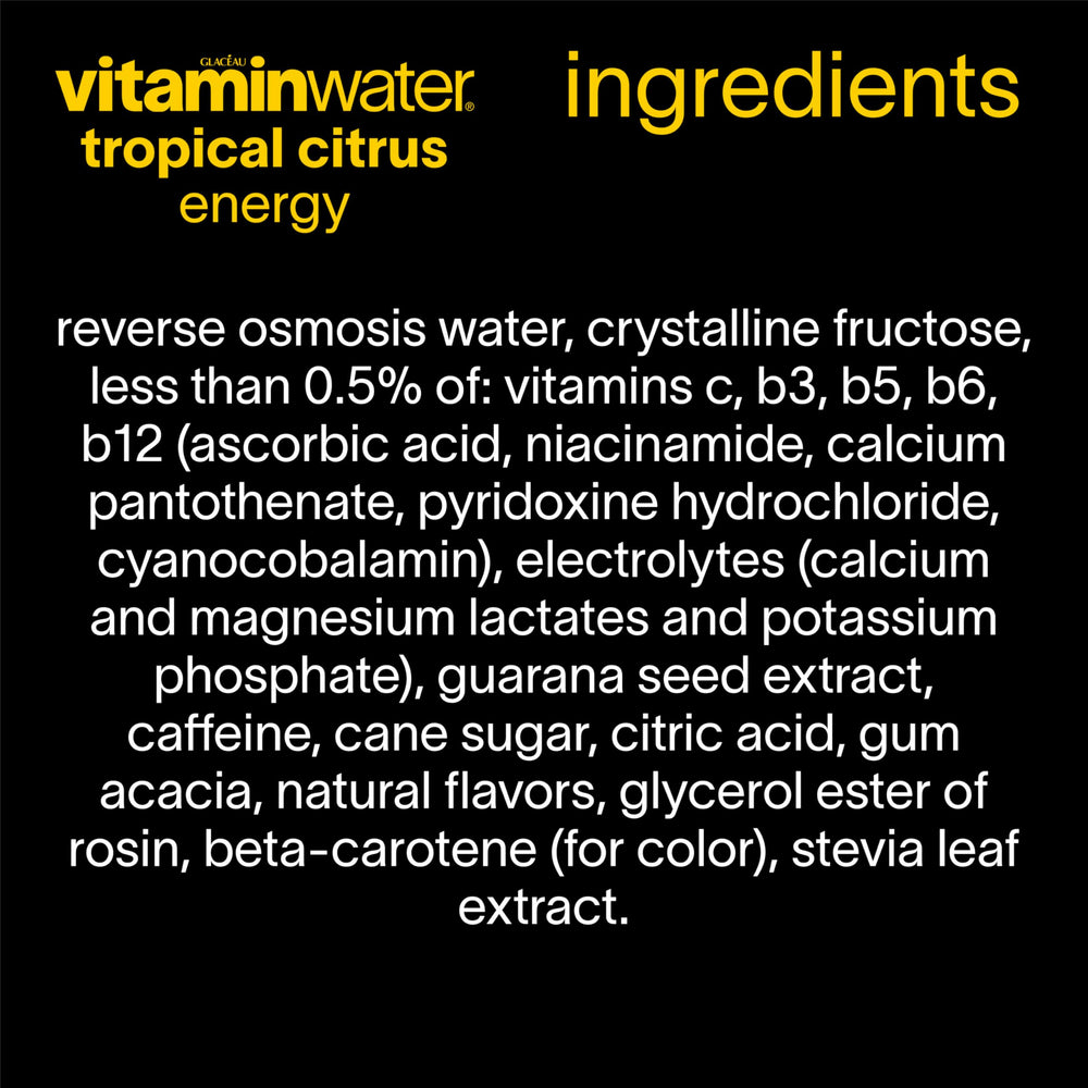 Vitaminwater Energy Tropical Citrus pour shot highlights caffeine boost and flavor.