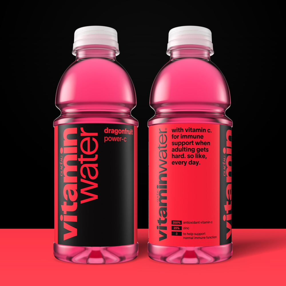 Vitaminwater Power-C Dragonfruit bottle back label highlights vitamin C and zinc.