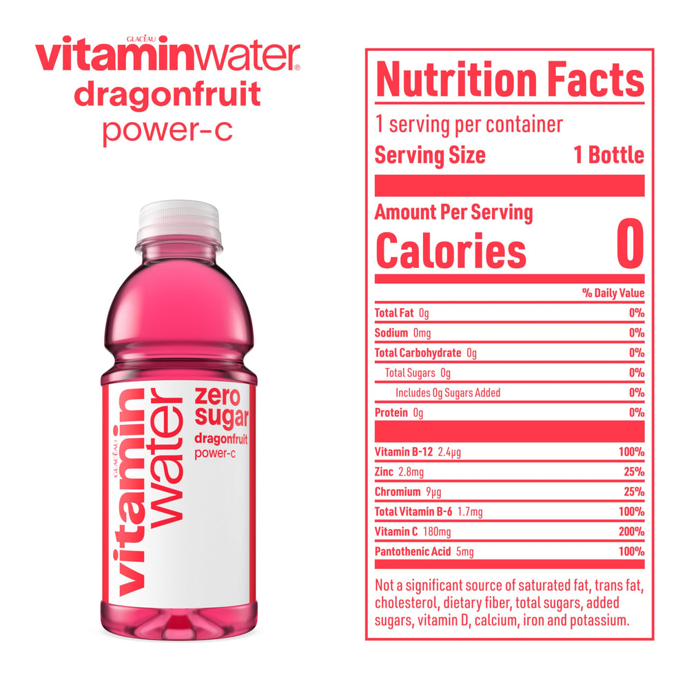Vitaminwater Power-C bottle close up, bright dragonfruit flavor