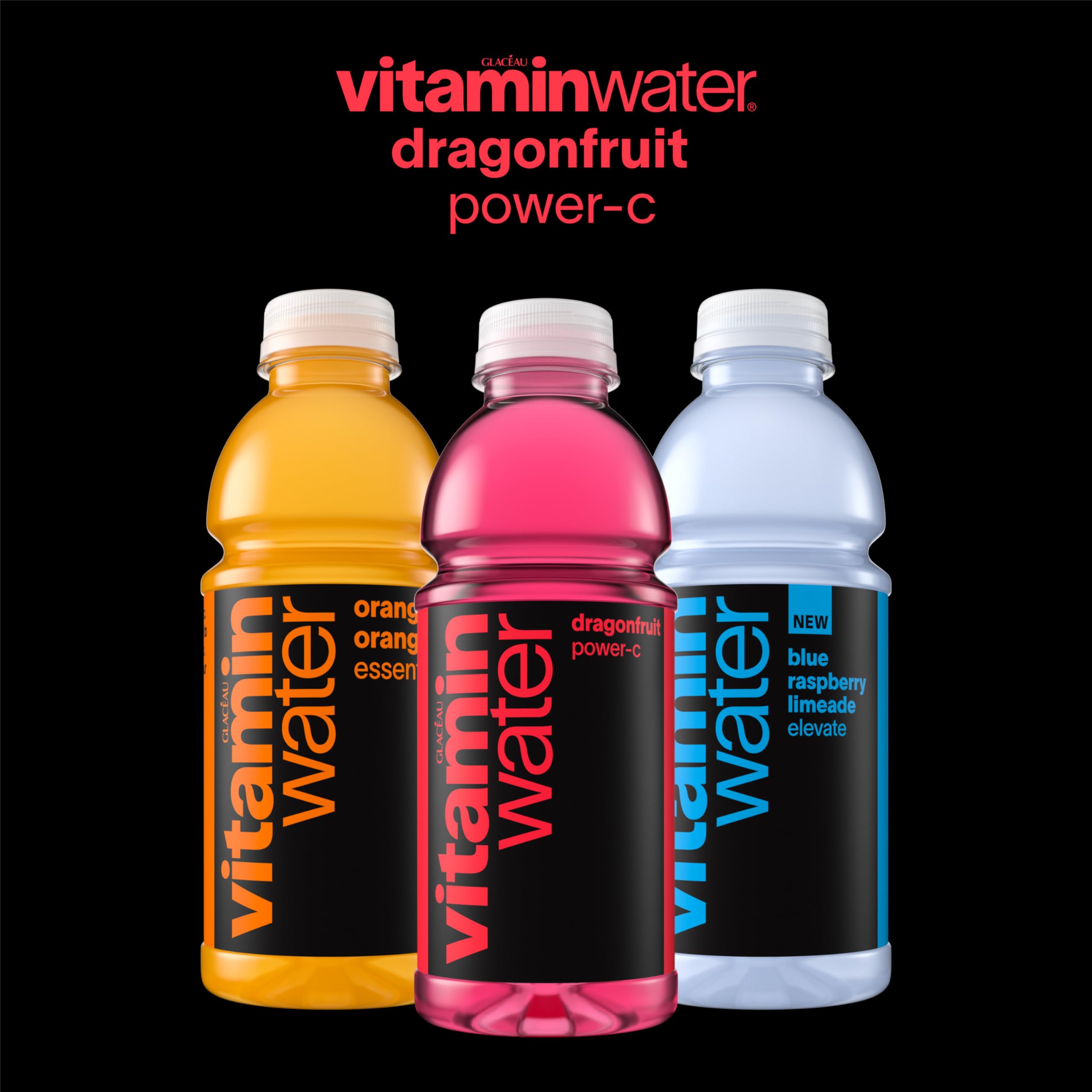 Vitaminwater Power-C Dragonfruit packaging carton on kitchen counter.