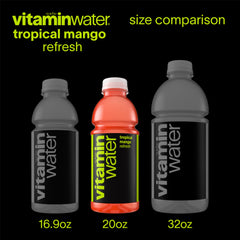 vitaminwater Refresh Tropical Mango label highlighting electrolytes and vitamins.