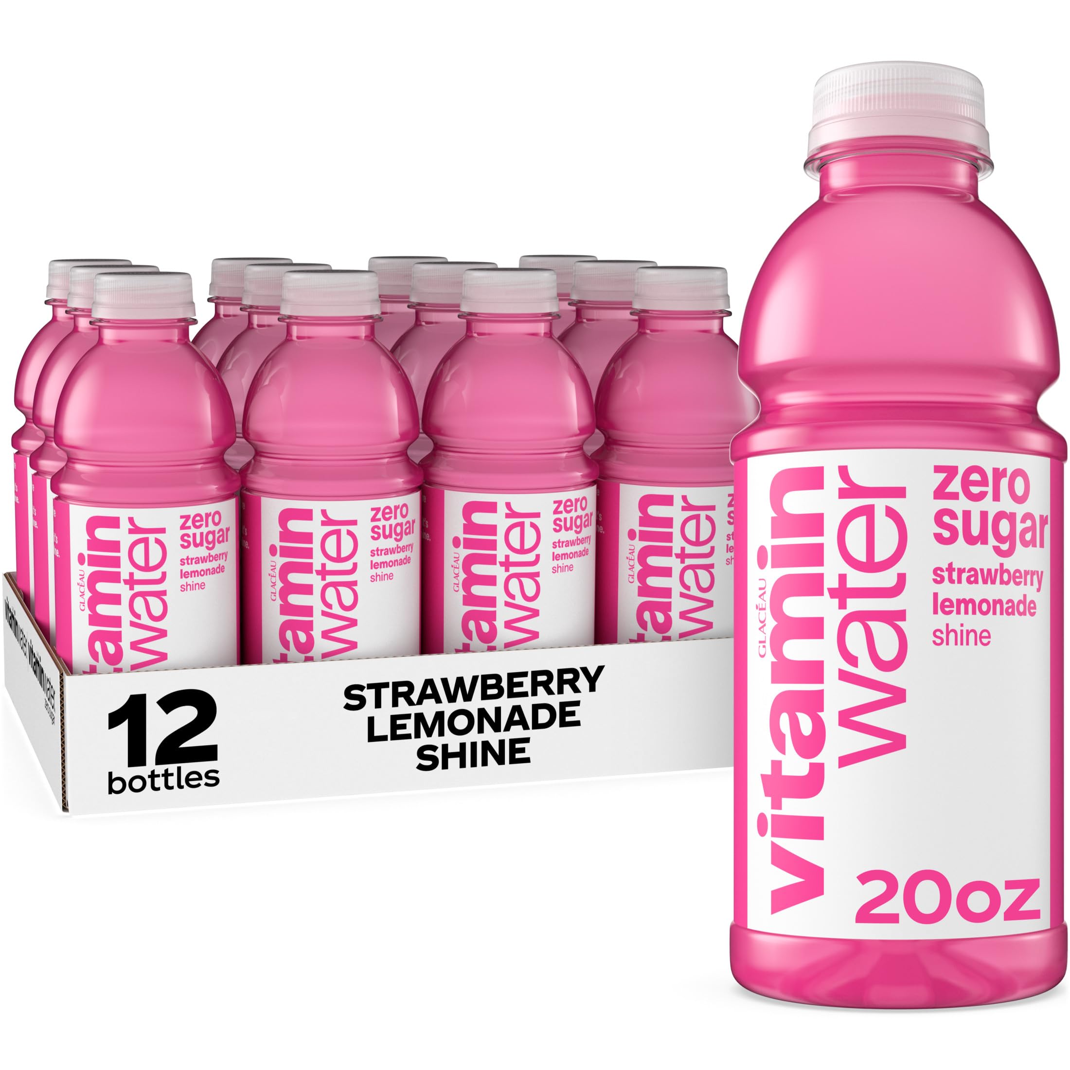 Vitaminwater Shine Strawberry Lemonade Zero Sugar bottle on desk for refreshing hydration and flavor