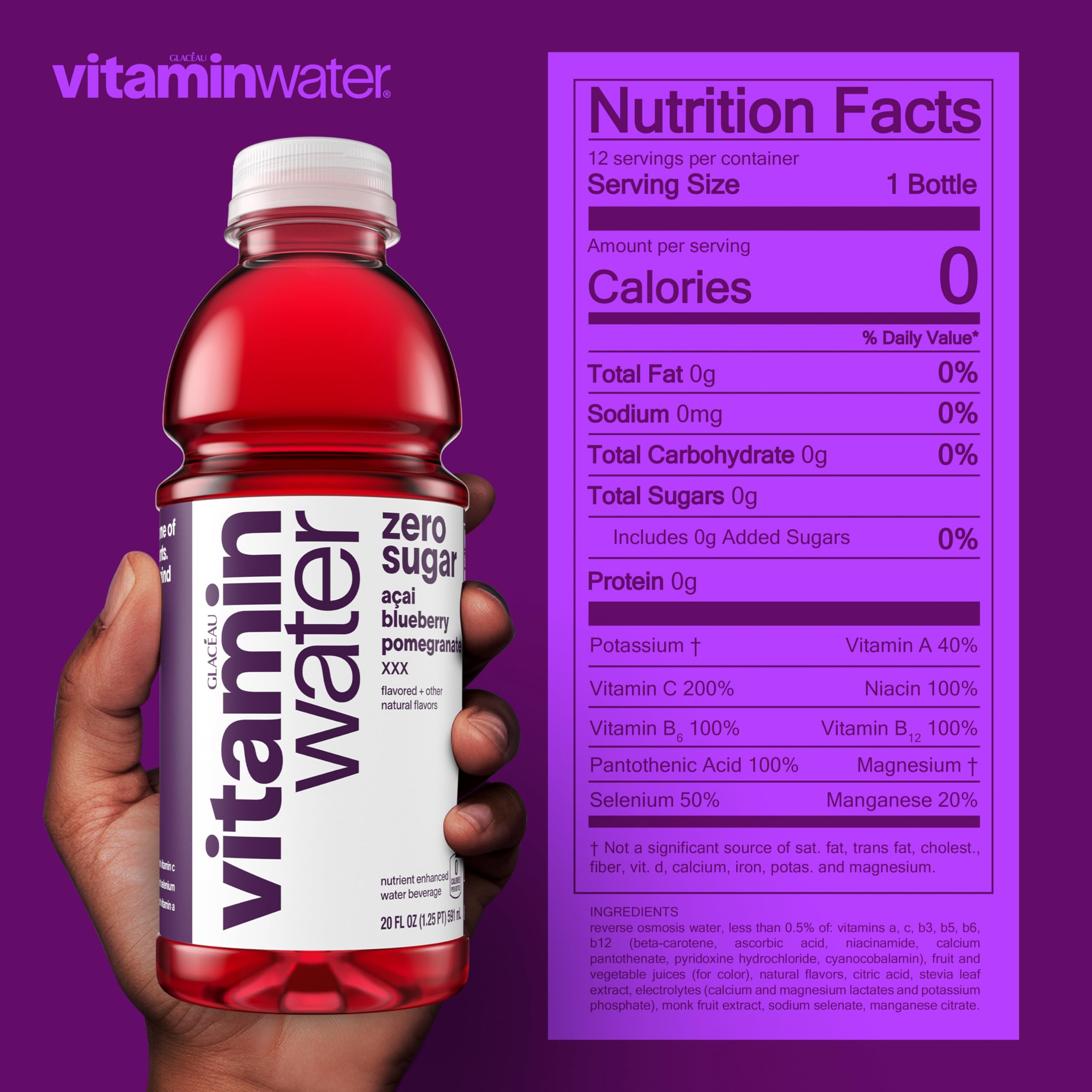 Vitaminwater XXX acai-blueberry-pomegranate glass highlights refreshing flavor without artificial additives.