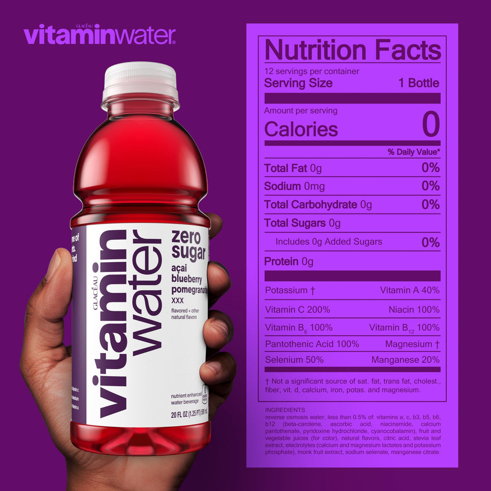 Vitaminwater XXX acai-blueberry-pomegranate glass highlights refreshing flavor without artificial additives.