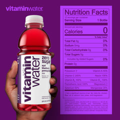 Vitaminwater XXX acai-blueberry-pomegranate glass highlights refreshing flavor without artificial additives.