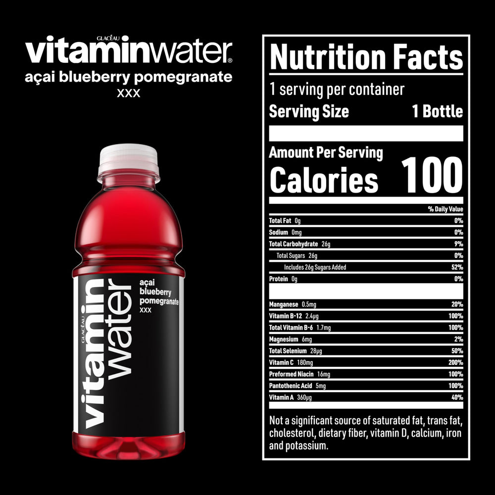 Close-up of Vitaminwater XXX label highlights vitamins and antioxidants.