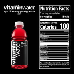 Close-up of Vitaminwater XXX label highlights vitamins and antioxidants.