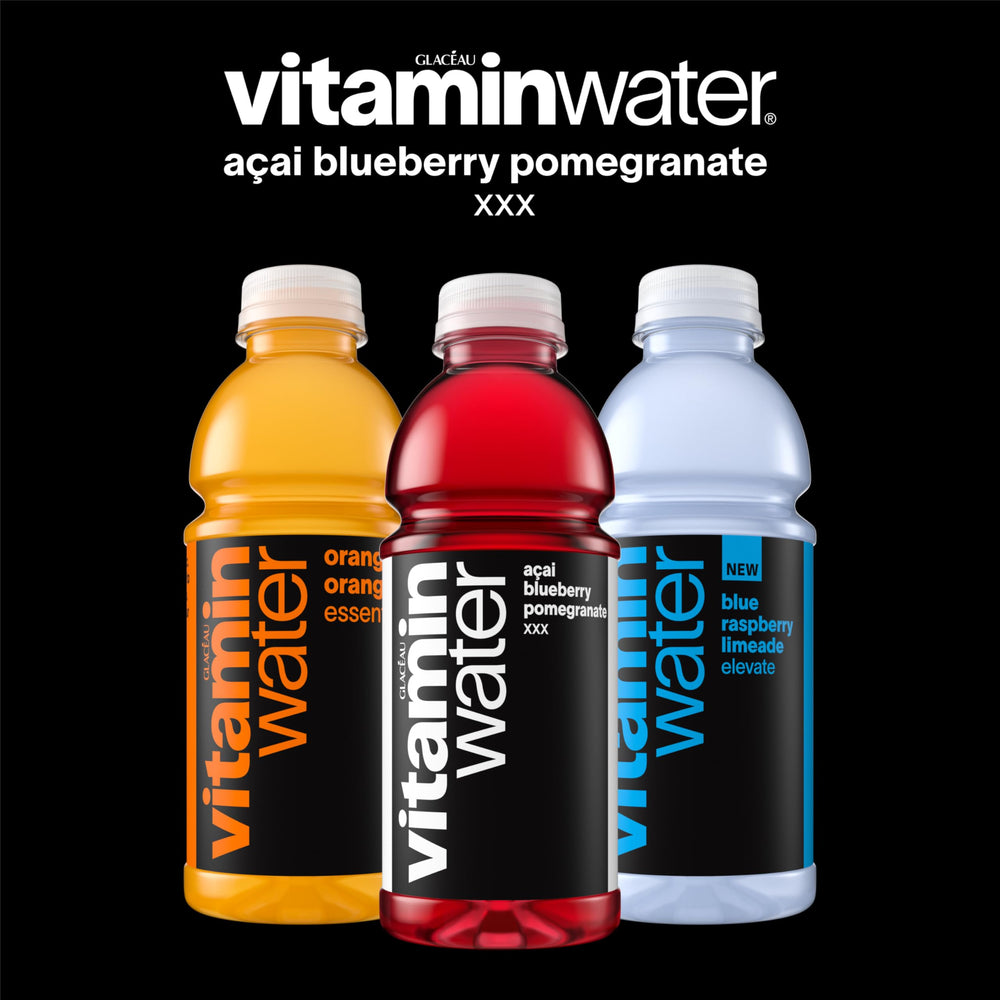 Nutrition panel of Vitaminwater XXX Açai Blueberry Pomegranate visible on bottle.