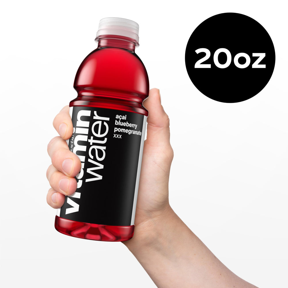 12-pack of Vitaminwater XXX Açai Blueberry Pomegranate on a clean surface.