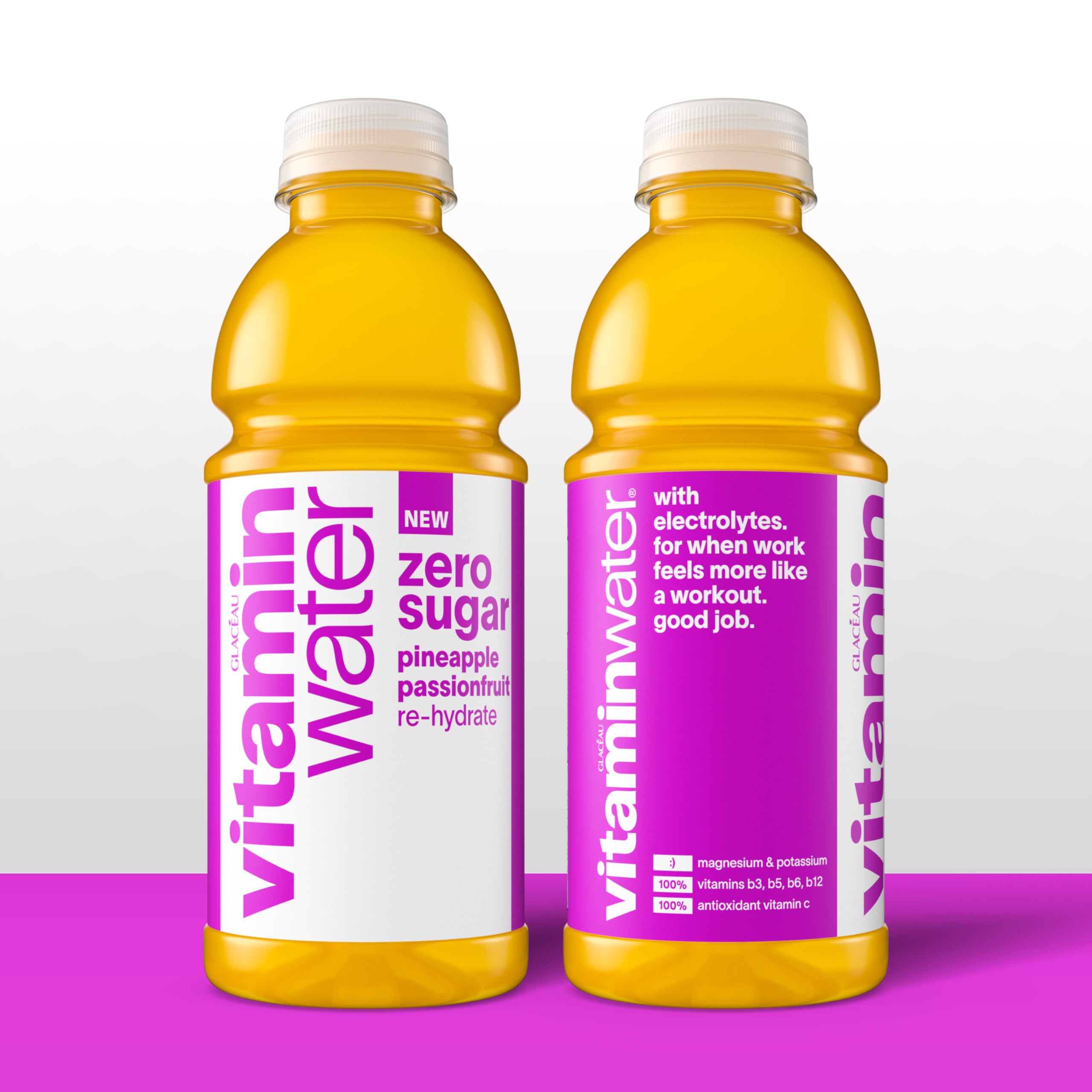 Close-up of Vitaminwater Zero Sugar Pineapple Passionfruit label emphasizes no artificial colors.