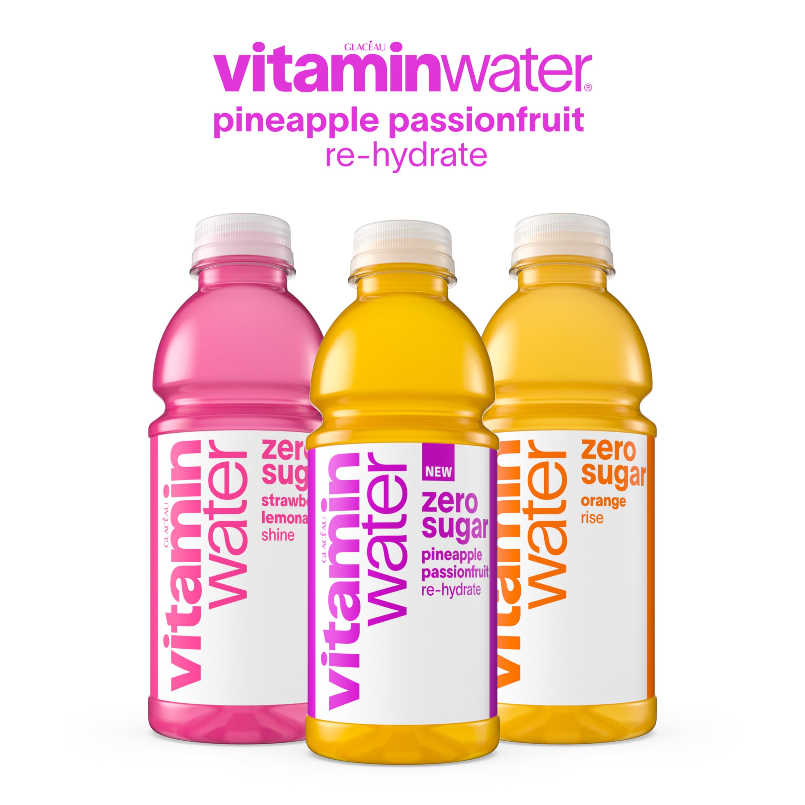 Vitaminwater Zero Sugar Pineapple Passionfruit rehydrate bottle on the move.