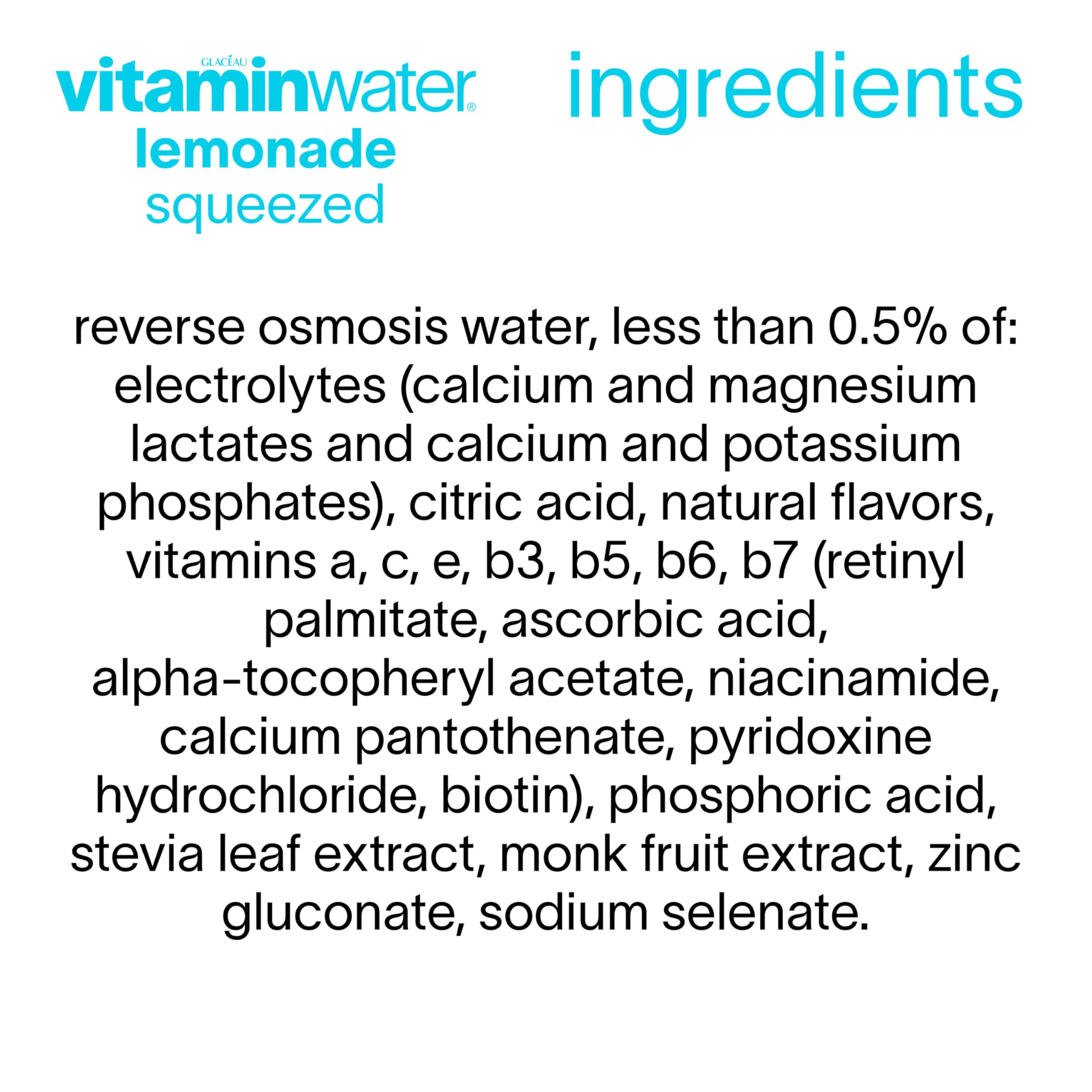 Vitaminwater Zero Sugar Squeezed Lemonade glass highlighting refreshing flavor and vitamins