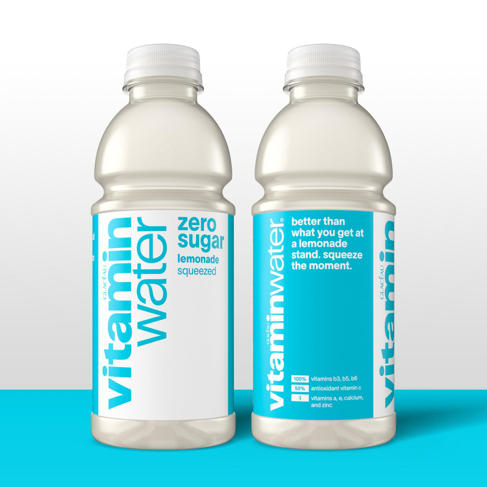 Label on Vitaminwater Zero Sugar Squeezed Lemonade emphasizing seven vitamins and two minerals