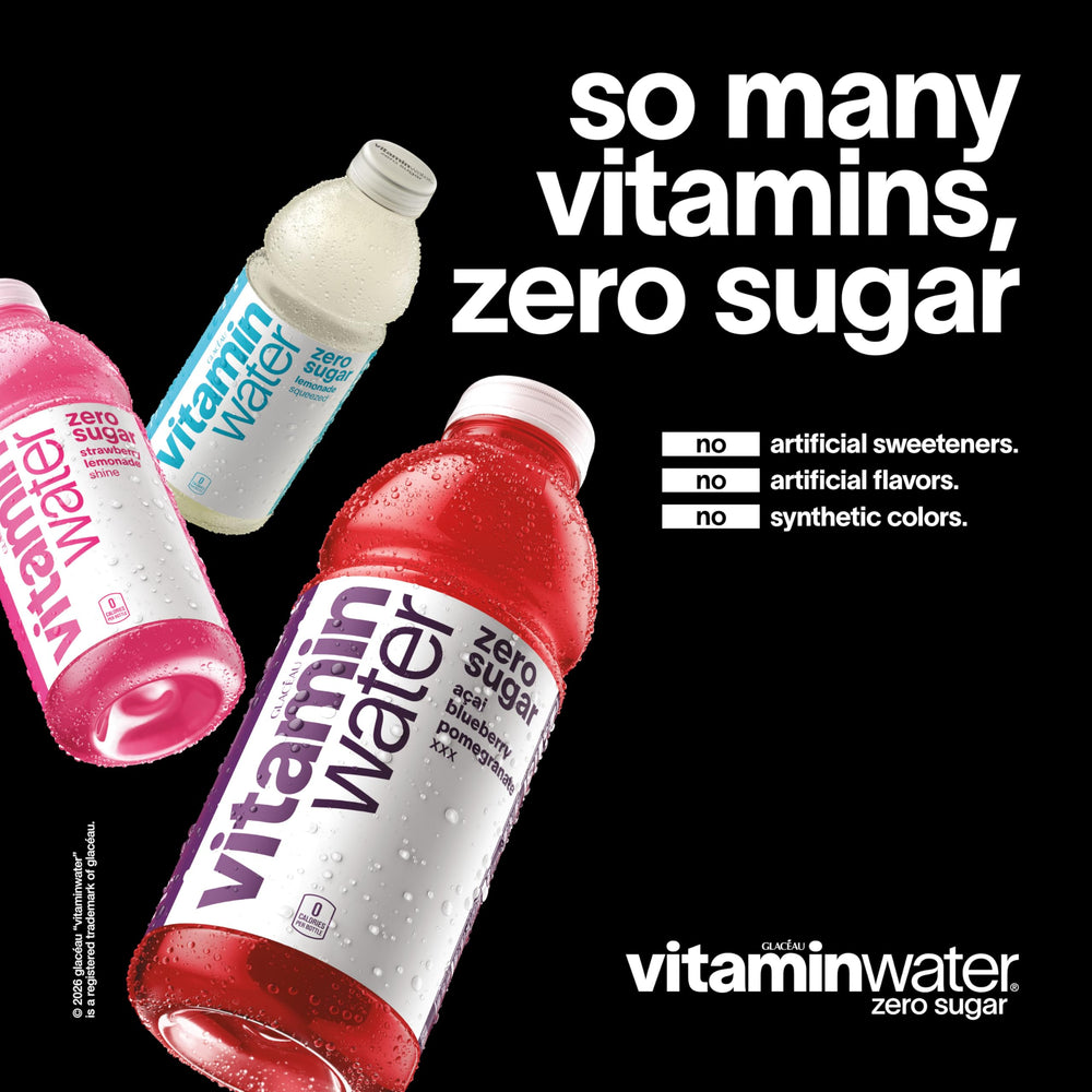 Pouring Vitaminwater Zero Sugar Squeezed Lemonade reveals vibrant color and brightness