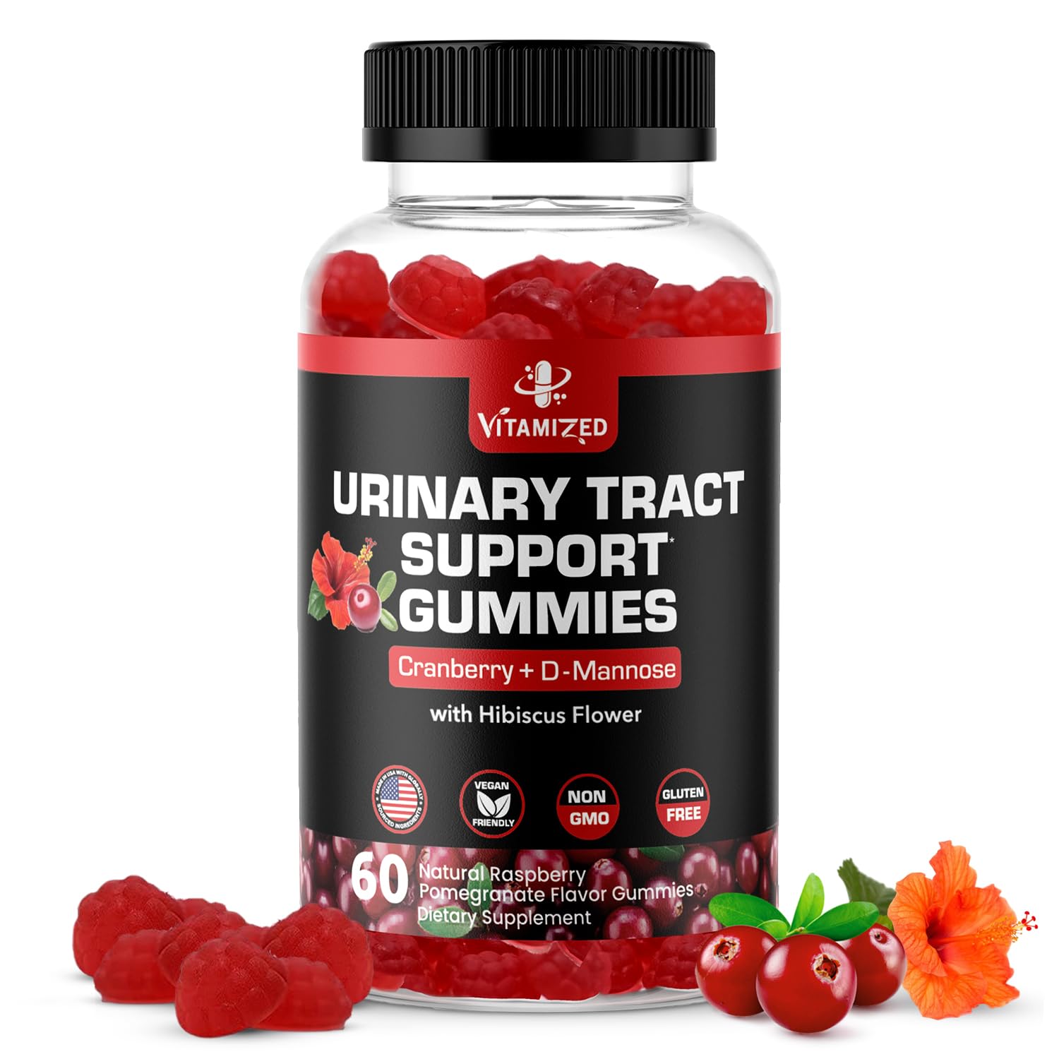 VITAMIZED Cranberry D-Mannose Gummies bottle for urinary health support.