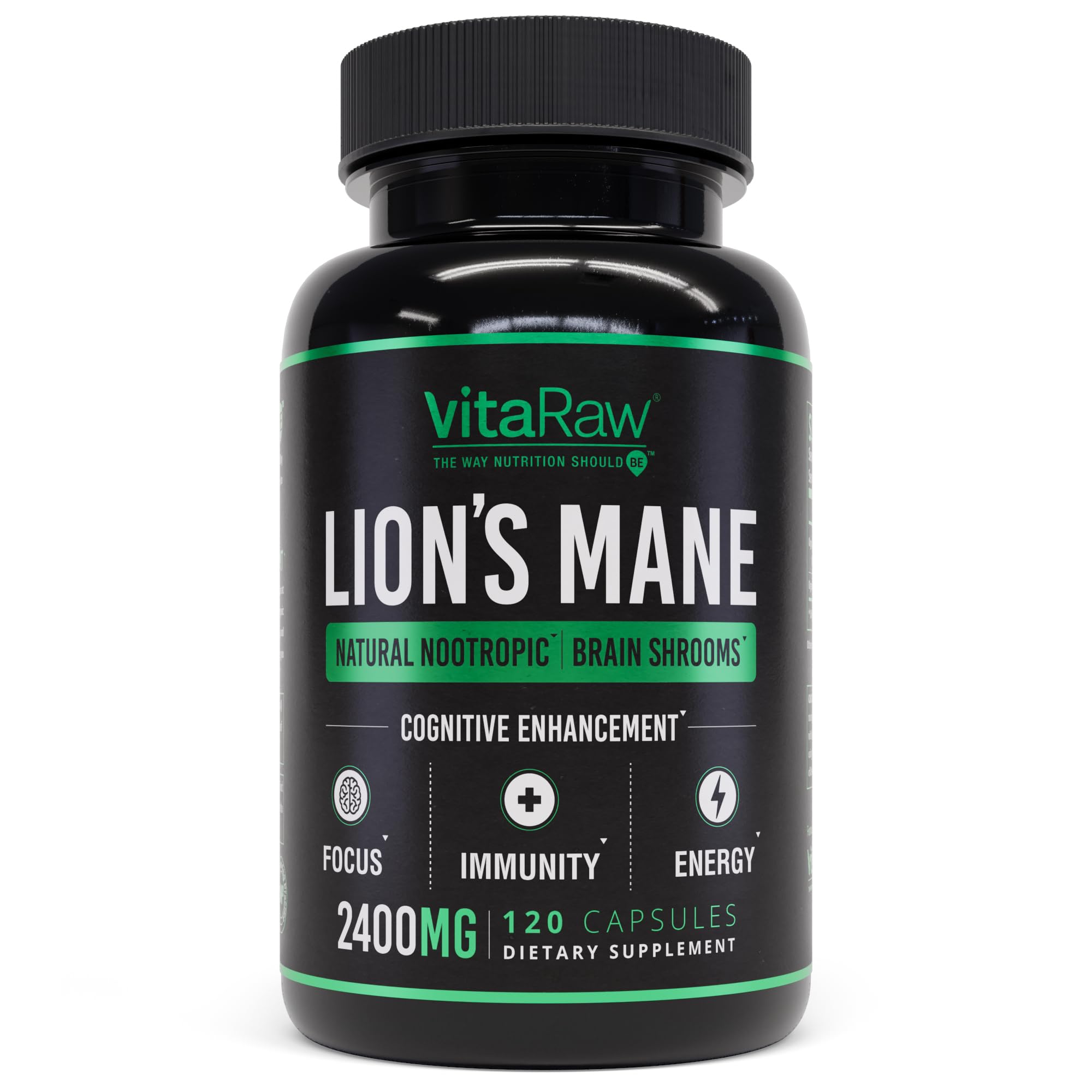 VitaRaw Lions Mane supplement bottle front for daily brain support.